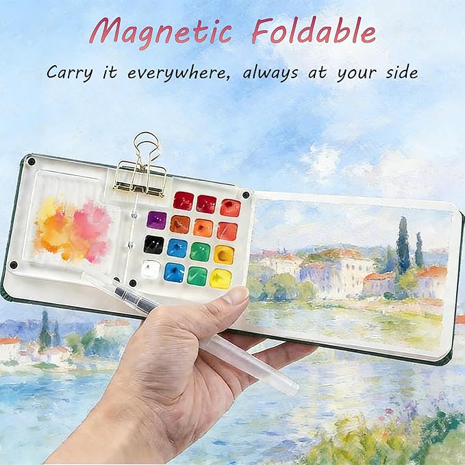 Mini Watercolor Travel Set - 24 Colors Travel Watercolor Kit with 2 Sketchbooks & 2 Water Brushes & Copper Clip, Magnetic Folding Palette for Outdoor Painting, Artists and Painting Enthusiasts