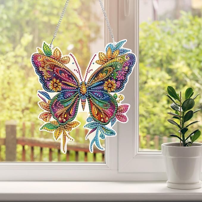 HEIBAGO Butterfly Hanging Diamond Art Kits for Adults, Special Shaped Crystal Diamond Painting Ornament Kit, DIY Double-Sided Pattern Window Pendant Gem Art Kit for Home Wall Decor 8.3x8.3inch