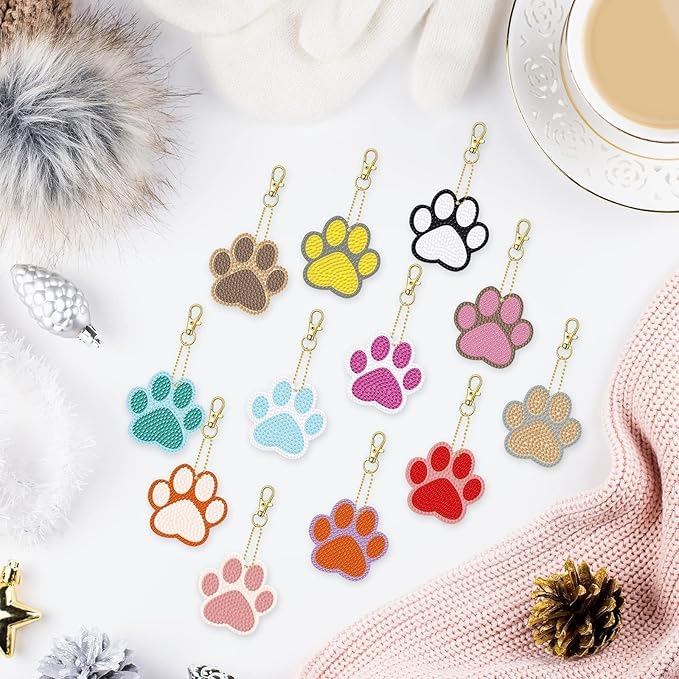 Demonwer 12 Pcs Dog Paw Diamond Keychains Kit DIY Pet Paw Diamond Keychains Dog Paw Diamond Art for Beginners Adults Art Craft Supplies Gift