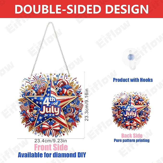 Eiflow Acrylic Diamond Art Hanging Kit for Adults, DIY Diamonds Painting Door Hanging Board Kit, Special Crystal Diamond Art Painting Pendant Ornament (4th of July Wreath)