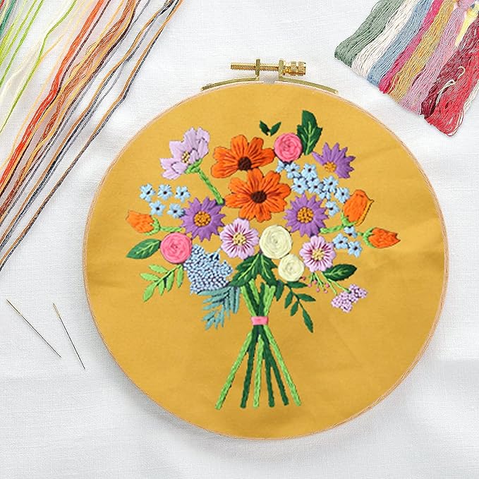 Canvas Tote Bag Embroidery Kit with Pattern for Beginners, Arts and DIY Embroidery Crafts Kits for Adults, Instructions, thimble, Embroidery Hoops, Color Threads (yellow, CR002 zhaolufanhua)