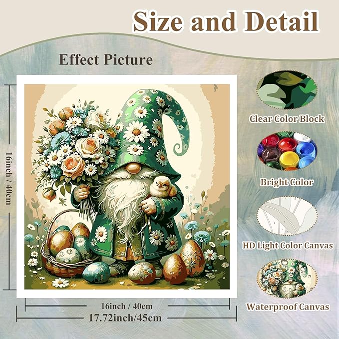 HMZephitiquc Easter Paint by Numbers Kit for Adults, Gnome Paint by Number for Adults, Painting by Numbers, Easy Acrylic Oil DIY Crafts for Gift Home Decor 16x16 in