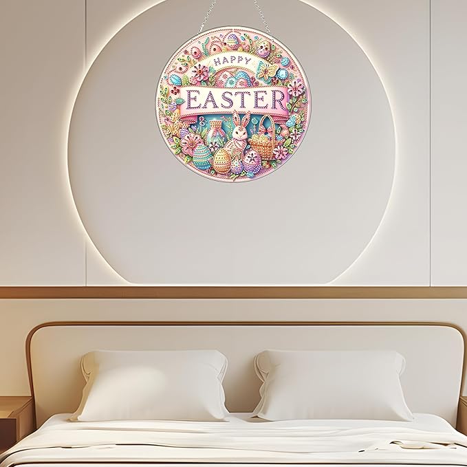 JJFox Diamond Art Hanging Kit for Adult,Special Shaped Rhinestone,Double Sided DIY Acrylic Diamond Art Painting Window Pendants Home Garden Wall Hanging Kits Hanging Ornament (Happy Easter)
