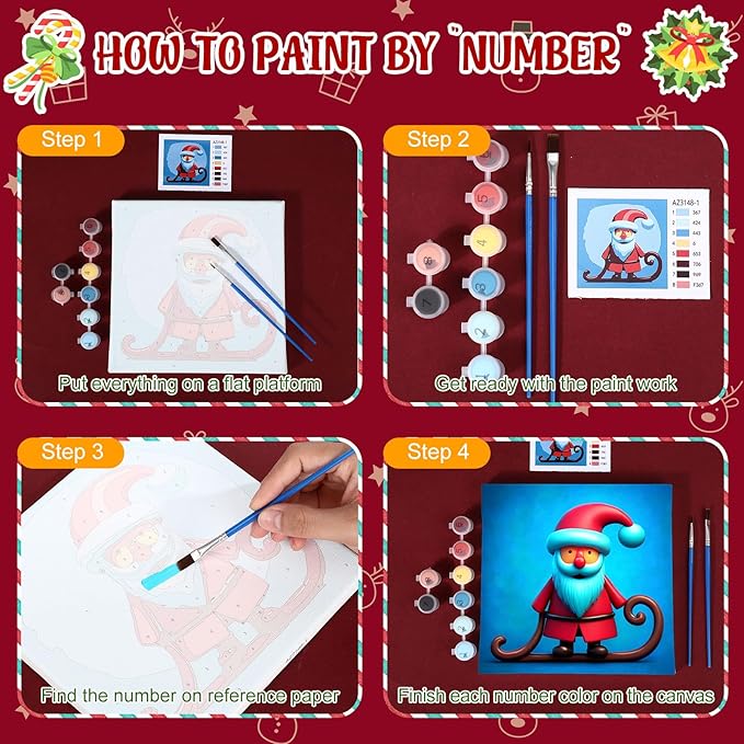 Nezyo 12 Sets Christmas Paint by Numbers Kit with Frame for Adult Beginners, Paint by Number DIY Acrylic Painting Canvas for Painting Party, Classroom Activity Birthday Gift, 8 x 8 Inch