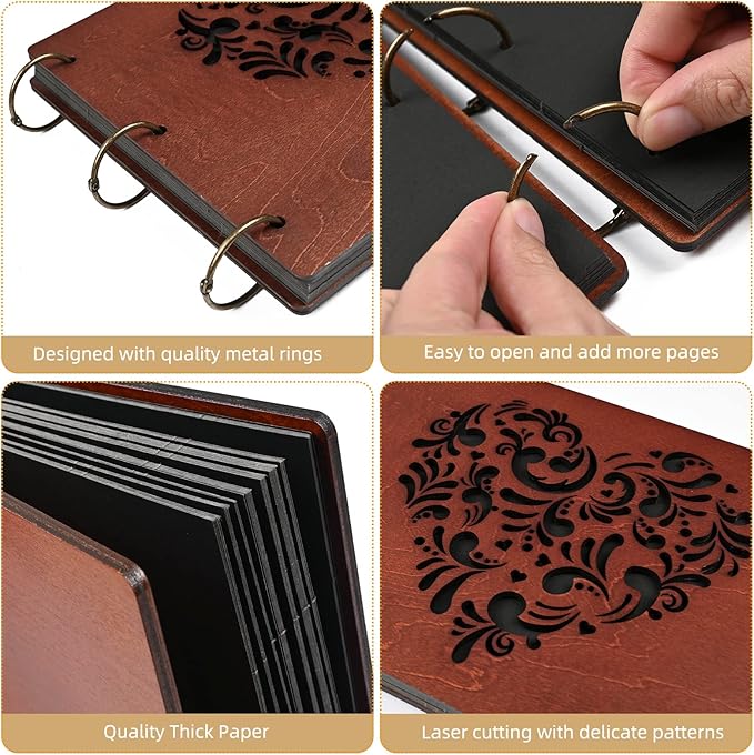 Giiffu Wooden Scrapbook Photo Album with Heart Design, DIY Memory Book, 100 Pages Personalized Scrapbooking Album, Romantic Gift for Wedding, Anniversary & Valentine’s Day