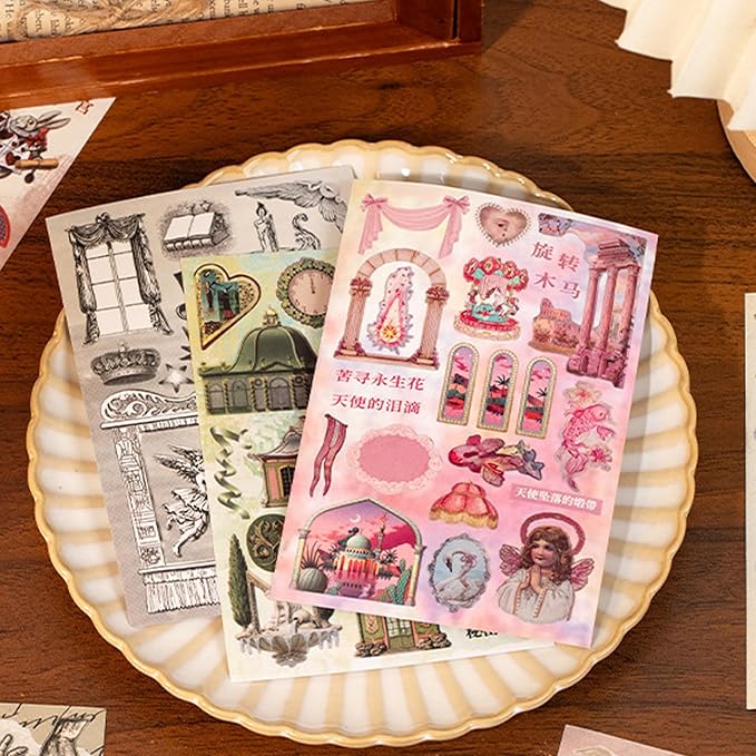 Vintage Sticker Books - 60 Sheets European Aesthetic Die-Cut Stickers with Matte & Tactile Finishes for Junk Journaling, Scrapbooking & Planner Decoration