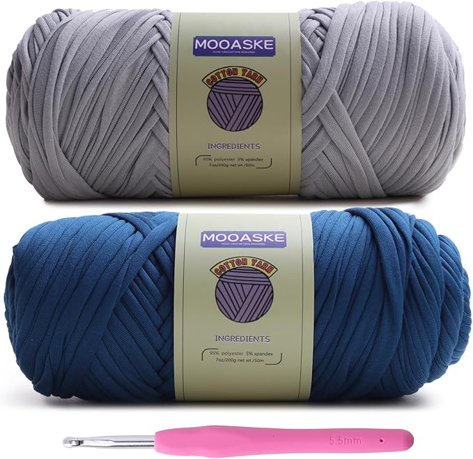 2 Pack T-Shirt Crochet Yarn for DIY Knitting Crochet Cloth Blanket Bag Dolls - 400g Chunky Thick Yarn for Crocheting with Polyester-Spandex Blend Elastic Fabric (Gray+Denim Blue)