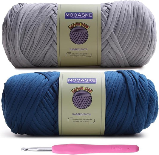 2 Pack T-Shirt Crochet Yarn for DIY Knitting Crochet Cloth Blanket Bag Dolls - 400g Chunky Thick Yarn for Crocheting with Polyester-Spandex Blend Elastic Fabric (Gray+Denim Blue)