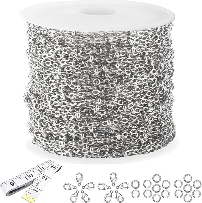 16 Ft Stainless Steel Bead Chain for Jewelry Making, 1.6 mm Thin Silver Ball Beaded Cable Link Chains Roll for DIY Necklace Bracelet Jewelry Making Supplies with Lobster Clasps Soft Tape Measure