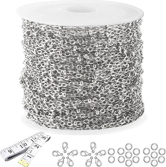 16 Ft Stainless Steel Bead Chain for Jewelry Making, 1.6 mm Thin Silver Ball Beaded Cable Link Chains Roll for DIY Necklace Bracelet Jewelry Making Supplies with Lobster Clasps Soft Tape Measure