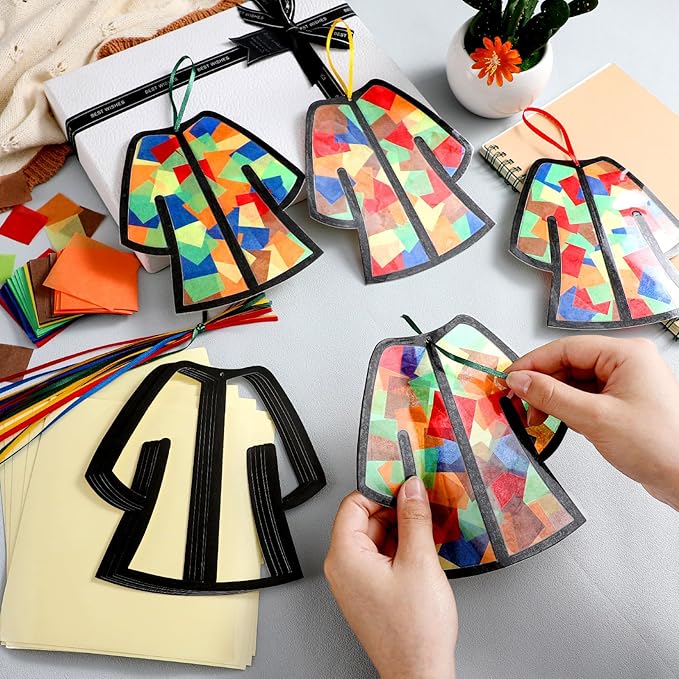 Motipuns 32 Sets Easter Resurrection Ornaments Craft Kit, Bible Story Coat DIY Suncatchers Religious Christian Stained Glass Effect with Tissue Paper Window Art for Sunday School Church Vbs Decor