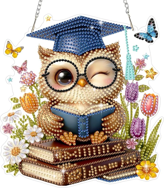 MEIYUDA Owl Diamond Art Hanging Kits for Adult, Book Owl Diamond Painting Hanging Kits Ornaments, DIY Special Shaped Rhinestone Window Pendants Kit for Home Garden Wall Decor Gift
