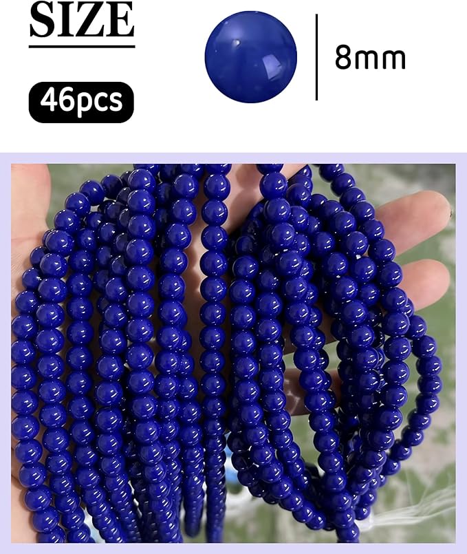 8mm Glass Beads 46PCS Glass Beads for Jewelry Making Charm Round Loose Bead for Bracelet Making Kit (Deep Blue Porcelain)