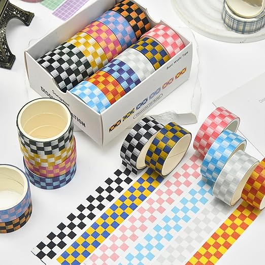 12 Rolls Grid Washi Tape Set Plaid Arts Adhesive Tapes Basic Patterns Decorative Masking Tape Sets for Craft, Kids, Scrapbook, DIY, Gift Wrapping (Style Two)
