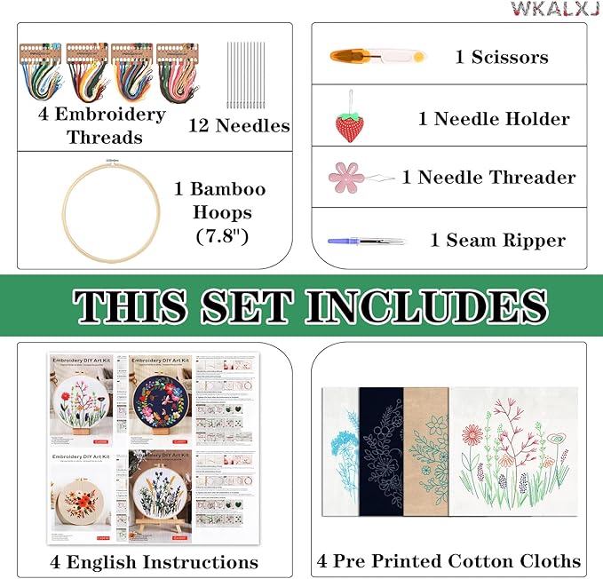 WKALXJ 4 Sets Embroidery Kits for Beginners Cross Stitch Kits Needlepoint Kits Crafts for Adults with Tools, Threads, Instructions, Needle Point Kits with Flower Stamped Patterns (Flowers A)