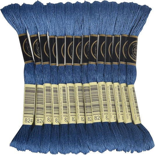 LE PAON Embroidery Floss, 14-Pack Six Strands 100% Long Staple Cotton Embroidery Thread, 8.7-Yard，Color Number：824, Very Dark Blue