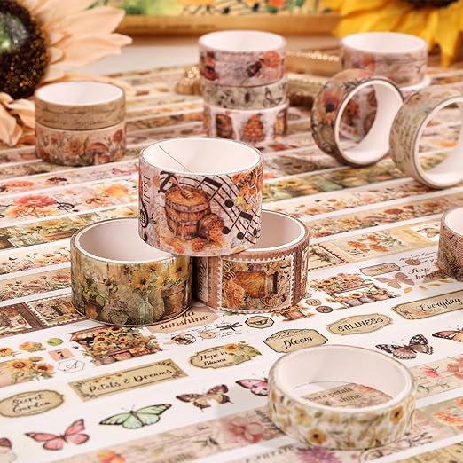 Natural Washi Tape Set, 42 Rolls - Floral, Butterfly, Bee, Botanical,Letter, Vintage Writable Scrapbooking Tapes for Journaling, Bullet Diaries, Card Making, Gift Wrapping, Aesthetic Craft Supplies