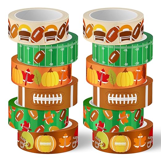 12 Rolls Fall Football Washi Tape Autumn Pumpkin Rugby Decorative Masking Tape Set Thanksgiving Wrapping Paper Tapes for Scrapbook Journal DIY Art Crafts