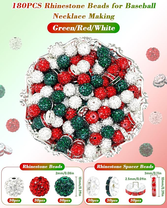 180pcs fiveizero 10mm rhinestone beads for jewelry making – sparkly round crystal clay beads & spacers in christmas & baseball team colors for bracelets, necklaces & diy crafts (green, red, white)