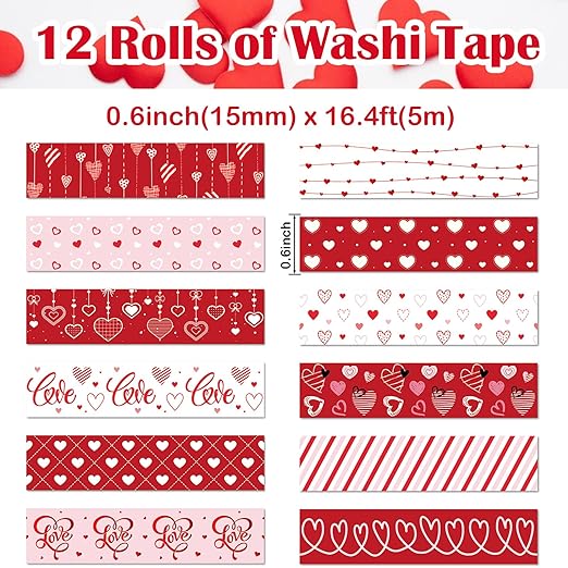 12 Rolls Love Heart Washi Tape Set, Red Stripe Checked Masking Tapes, Red Heart Decorative Tape for Journaling Supplies, Wedding Party, Junk Journal, Scrapbooking, Planner, DIY Arts Crafts 16.4FT