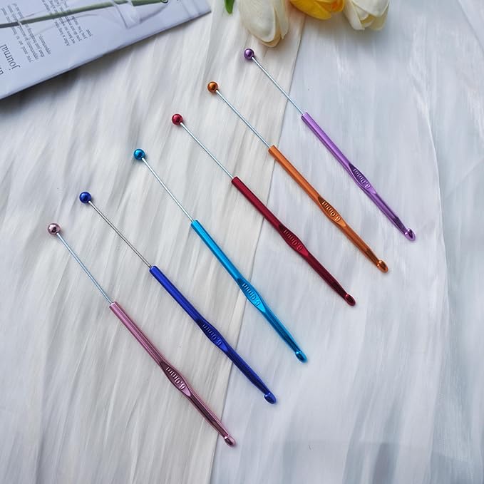 6 Pack DIY Beadable Crochet Hooks Knitting Needles Set Aluminum Handle for Focal Beads Colors (Blue Purple Red Orange Pink Light Blue, 6 mm)