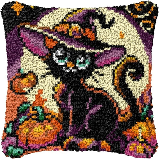 LAPATAIN Latch Hook Kits for Adults,Halloween Pattern Color Printed Canvas DIY Throw Pillow Cover,Beginners Handmade Needlework Crafts Home Decoration 17x17inch