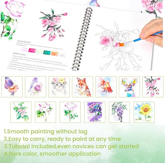 Watercolor Workbook - 13 Original DIY Design Patterns | Watercolor Paint Set with 48-Colors Palette and Brushes | Watercolor Book Set for Adults and Teenagers (Flowers & Animals)
