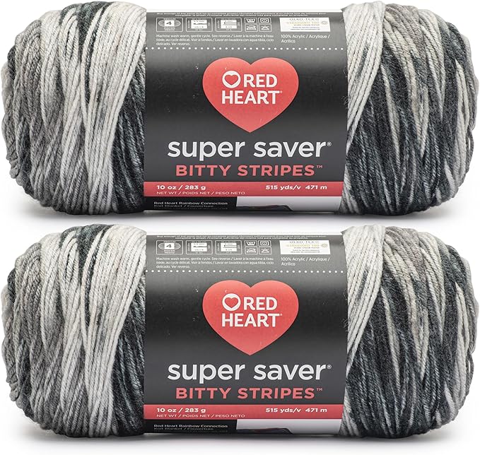 Red Heart Super Saver Bitty Stripes Newsprint Yarn - 2 Pack of 10oz/283g - 100% Acrylic - #4 Worsted (Medium) - 515 Yards - Knitting/Crochet