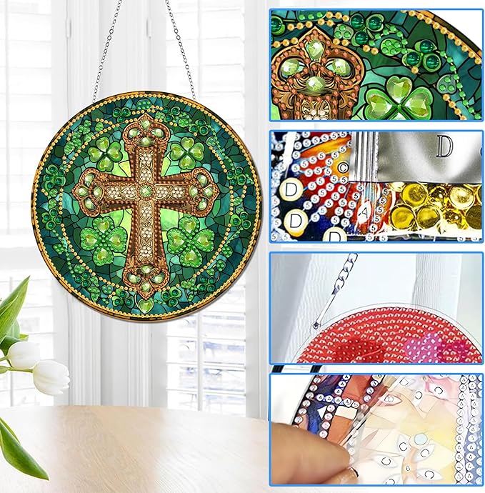 Reofrey Hanging Diamond Art Kits for Adults - 8x8 Inch Cross Acrylic Board Double Sided Pattern Diamond Painting Suncatcher Pendant, DIY Crystal Art for Home Wall or Window Decoration Handmade Gift