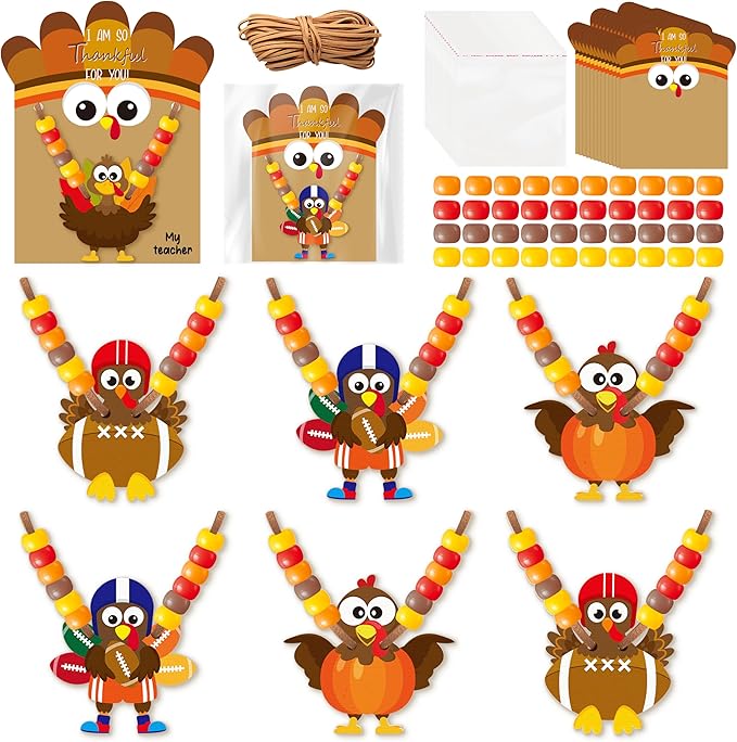 BeYumi Thanksgiving Necklace Craft Kit - 24Pcs DIY Fall Thankful Turkey Wooden Pendant Beads Necklace Making with Greeting Card Autumn Gratitude Charms Kit Home School Classroom Party Favor