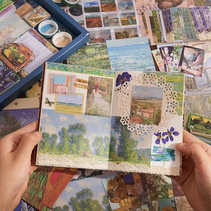 Scrapbooking Supplies Kit Plus 480Pcs, Vintage Van Gogh Oil Painting Aesthetic Scrapbook Kit for Bullet Junk Journal, DIY Journaling Supplies, Stationery, A5 Grid Notebook, Craft Gift Kid Girl