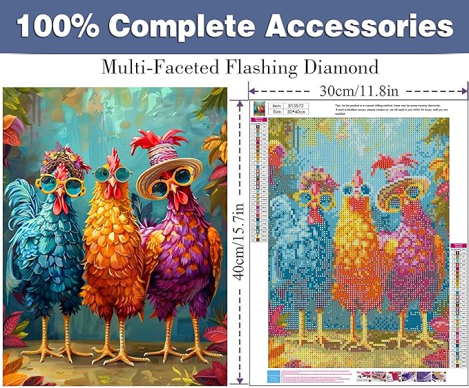 ijbnhd Chicken Diamond Art Kits for Adults, 5D Chicken Diamond Painting Kits for Adults, Round Full Drill Gem Art Kits for Beginners DIY Chickens for Wall Decor 12x16inch