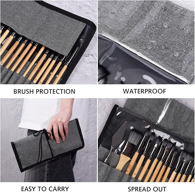 22PCS H&B Paint Brush Set, Travel Watercolor Acrylic Painting Brushes with Canvas Roll & Palette Knife, Professional Artist Brush Kit for Oil, Acrylic Canvas Paintings (Brown)
