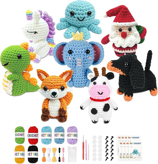 8Pcs Crochet Kit for Beginners, 2026 Great Christmas Gift for Crochet Lovers, DIY Craft for Adults and Kids, Crocheting Animal Kits with Step by Step Videos, Yarn, Crochet Hook, Birthday Holiday Gift