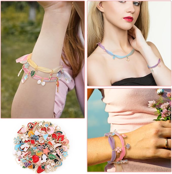 Tondiamo 206 Pcs Jewelry Making Kit DIY Gradient Organza Ribbon Cord Charm Bracelet Making Kit with 100 Charms,100 Jump Rings,4 Voile Ribbons and Tools for Women Arts Craft Birthday Mothers Day Gift