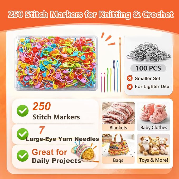 Suhfuib 250 PCS Stitch Markers for Crochet and Knitting, Locking Plastic Stitch Counter Clips, 7 Large-Eye Needles and Storage Case, Essential Crochet Accessories and Supplies for Amigurumi DIY Crafts