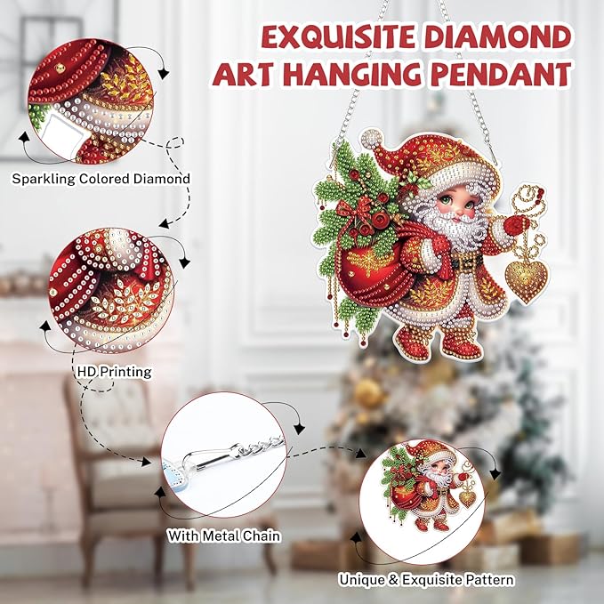 Bowetile Christmas Diamond Art Hanging Kits for Adults, Diamond Art Suncatchers Santa Claus, 5D Special Shape Diamond Painting Pendant Window Ornament Christmas Gifts for Home Door Wall Decor