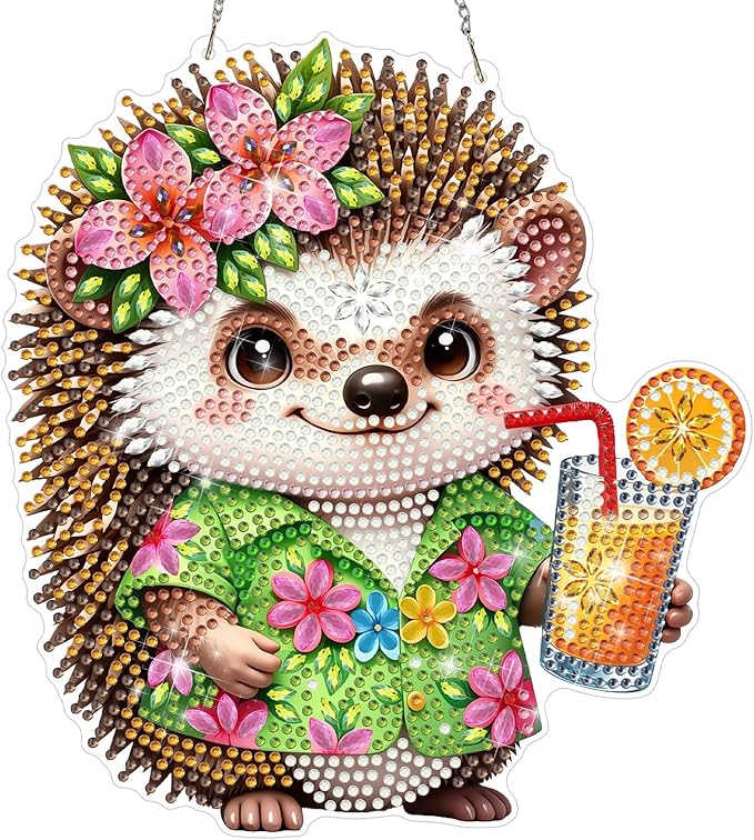 CEOVR Hedgehog Hanging Diamond Art, Cartoon Hedgehog Diamond Painting Pendant for Adults DIY Gem Art Wall Ornament, Acrylic Home Garden Decor with Chain, Box Kit 7.28×7.87inch
