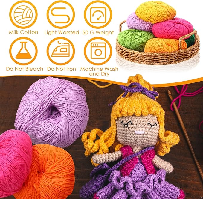 16 Skeins Cotton Yarn for Crocheting Knitting Soft Fine Clothes Cotton Blankets Yarn Bulk Assorted Colors for DIY Craft, Each 50g/185yard, 16 Colors(Classic Colors)