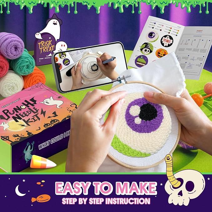 yuegool 6PCS Enchanted Oddities Punch Needle Coasters Kit – Easy DIY Embroidery Kit for Beginners, Adults Includes Patterns, Tools, Yarns, Hoop, Instructions, Coaster Holder