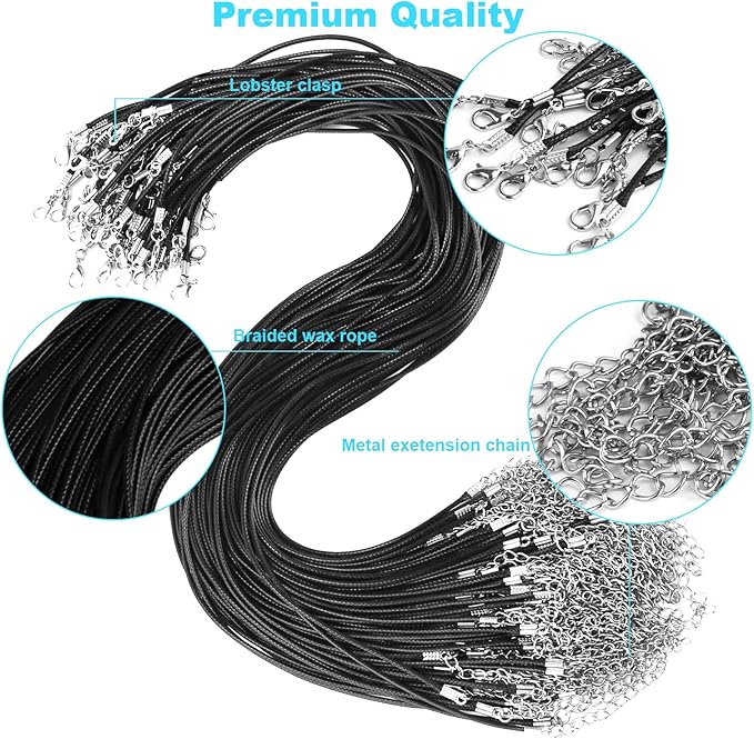 100Pcs Premium Leather Necklace Chains Bracelet Cord with Clasps for Pendants, Bulk Waxed Rope Necklace String, Black , 18" for Jewelry Making Supplies, 1.5mm DHOOZ