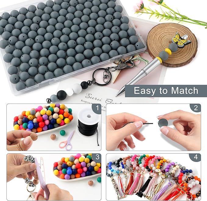 150Pcs 15mm Silicone Beads for Keychain Making Bracelet Necklace, Bulk Round Silicone Beads for Pens（Dim Gray）