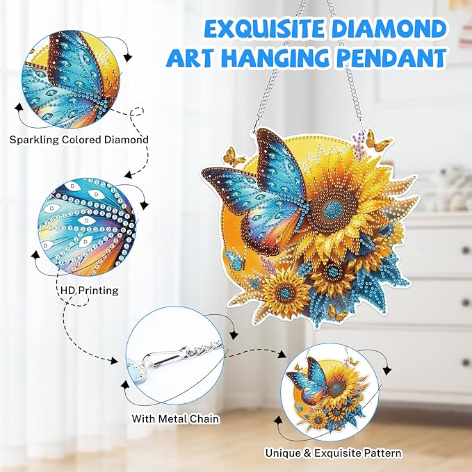 Bowetile Hanging Diamond Art Butterfly Kits for Adults, 5D Special Shape Diamond Painting Sunflower Kits, Diamond Gem Art Suncatchers Painting Pendant Ornament for Home Garden Wall Decor