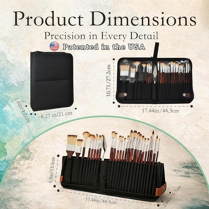 26Pcs Paint Brush Set with Stand-Up Brush Case, Travel Watercolor Acrylic Paint Brushes with Flat, Filbert, Fan, Dagger, Cat Tongue, Round, Palette Knife, Professional Kit for Oil, Artist, Face
