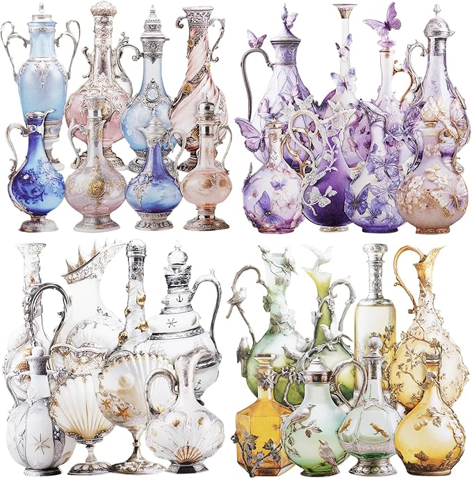 Rococo Vintage Bottle Sticker Pack, Thick Cardstock Laser Die-Cut No White Border – 32pcs Self-Adhesive European Glassware Decor for Scrapbook Journal Planner Collage