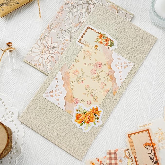 560 Sheets Floral Scrapbook Paper with Stickers Assorted Set, 7 Colors Scrapbooking Paper Vintage Scrapbook Supplies Kit Craft Decorative Papers for DIY Scrapbooks Junk Journals Planner Crafts
