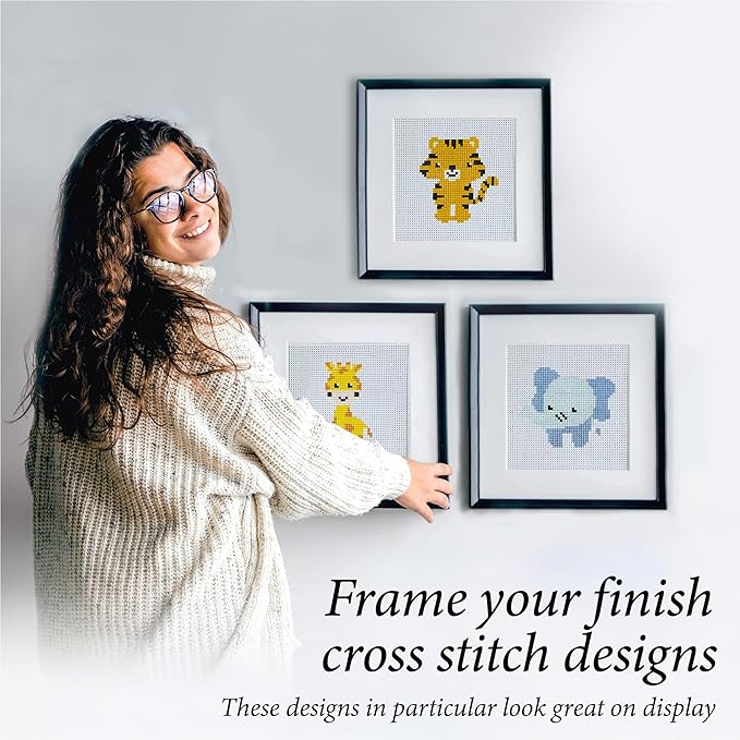 kraftex floral stamped cross stitch kits for beginners - 3 pack. diy embroidery needlepoint patterns for adults. easy cross stitch kits for beginners (zoo creatures)