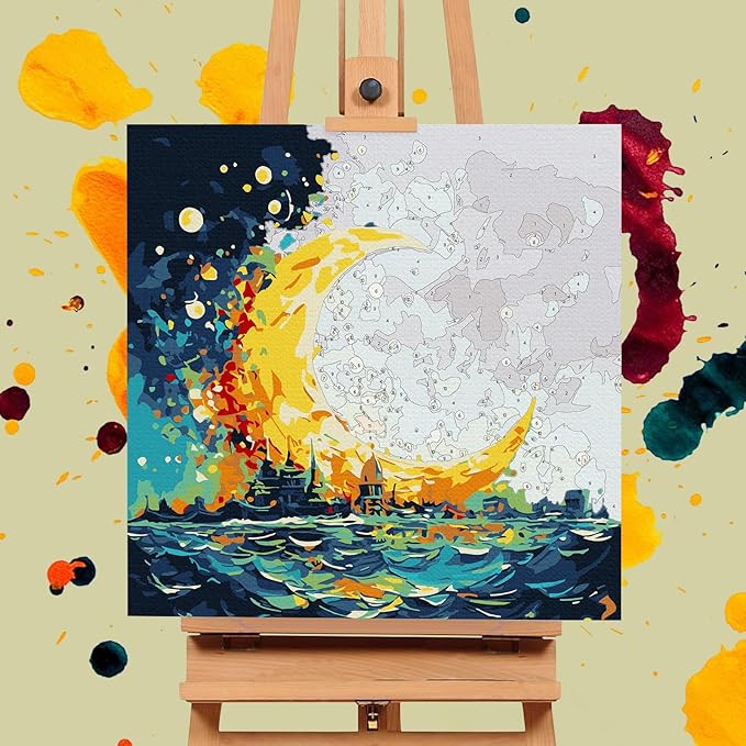 Framed Paint by Numbers Kit for Adults Beginners & Kids Ages 8-12, Sea and Moon Acrylic Easy Paint by Number with Frame, Watercolor Paint by Number Kits on Canvas Framed (10 * 10 Inch, without Easel)
