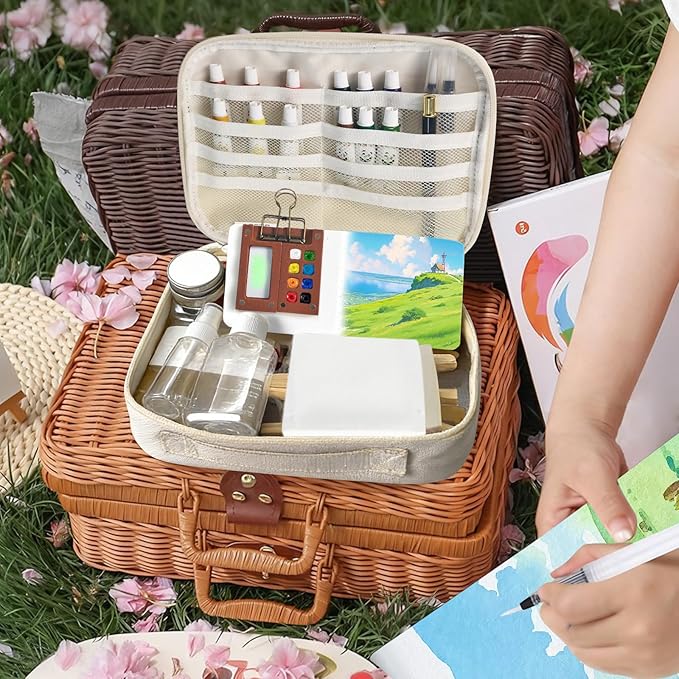 Mini Watercolor Travel Paint Set,22Pcs Artist Watercolor Palette Travel Set with Colors,Wooden Paint Box,Brush,Holder,Oil Cup,Plastic Bottles Storage Bag for Beginners Artists Student(8 Grids)