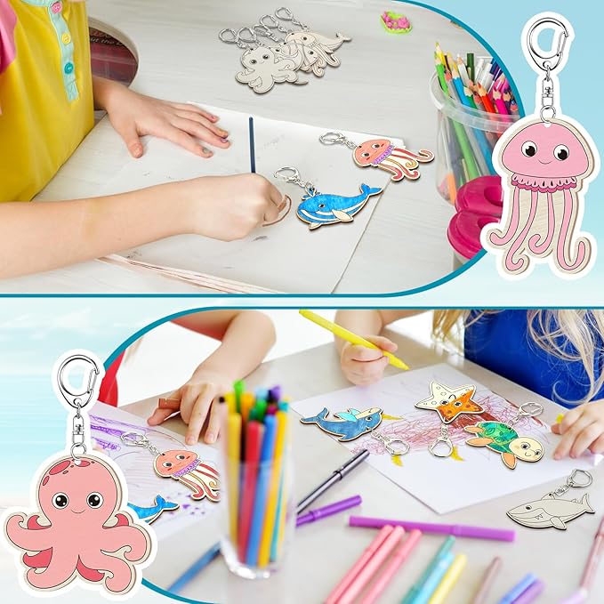 Trnayi 36 Pcs Sea Life Unfinished Wooden Keychains Color Your Own Unfinished Wooden Crafts Blank Wood Painting DIY Crafts for Home Activities Arts Project Decoration